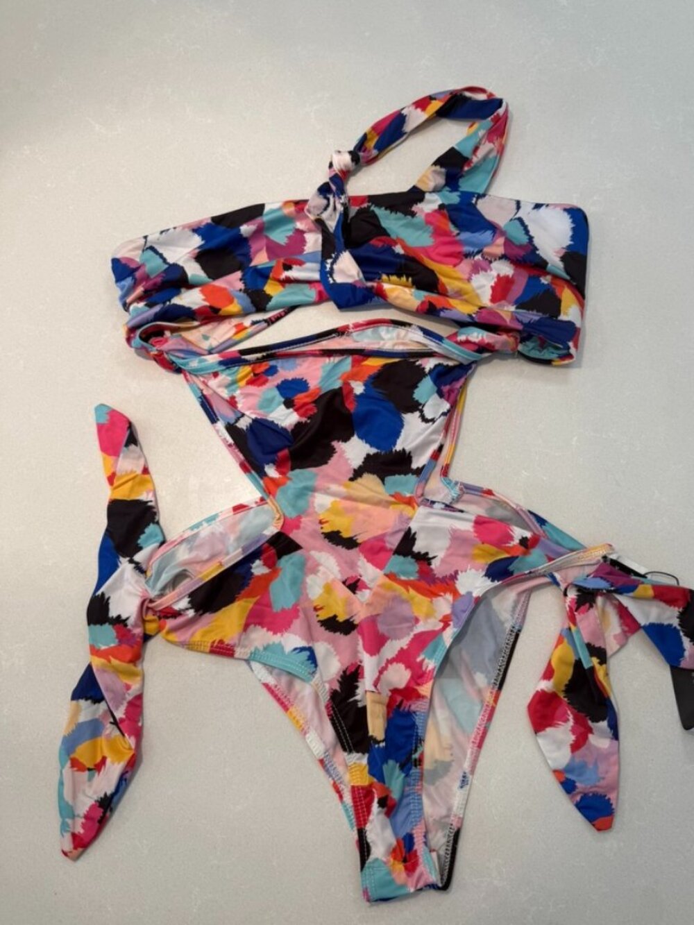NWT Abstract Print Cutout Halter Bodysuit Multicolor Size Small - Picture 1 of 9